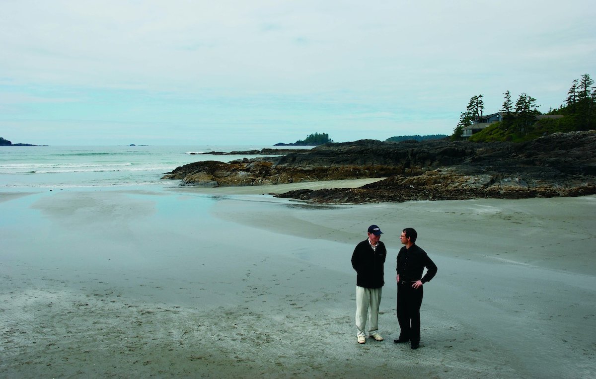 Howard McDiarmid and Charles McDiarmid in front of the Inn on Chesterman Beach