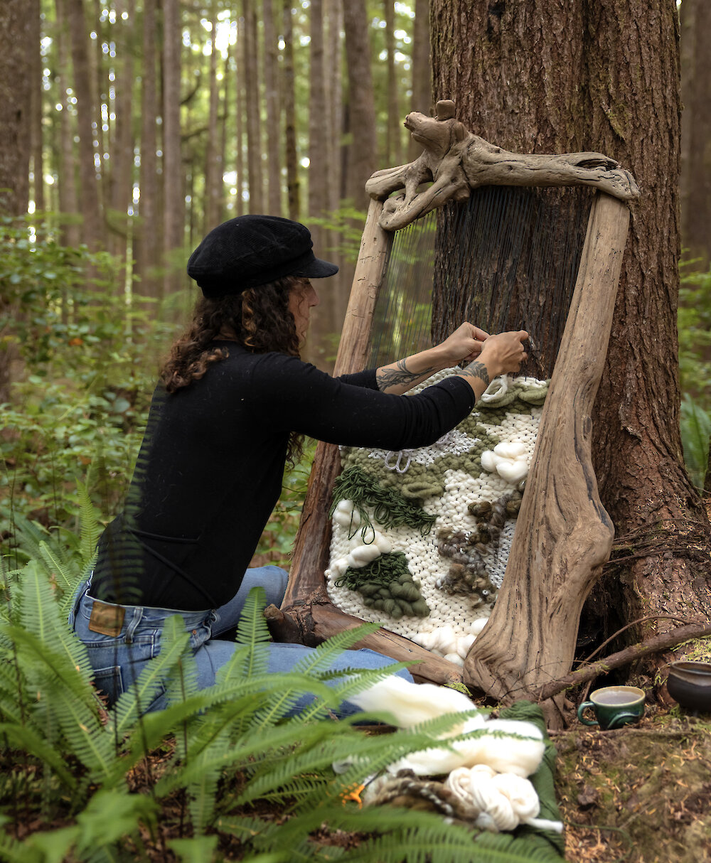 Kim Leckey with birch + moss piece